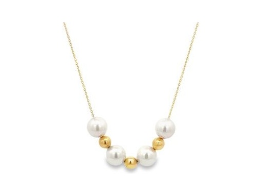 18K Yellow Gold Necklace with Pearls and Polished Gold Beads